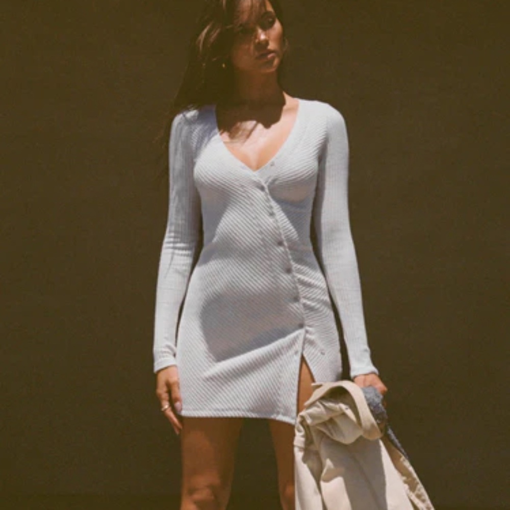 NWT JOAH BROWN ASYMMETRICAL BUTTON MINI DRESS - PEARL GREY LUXE KNIT